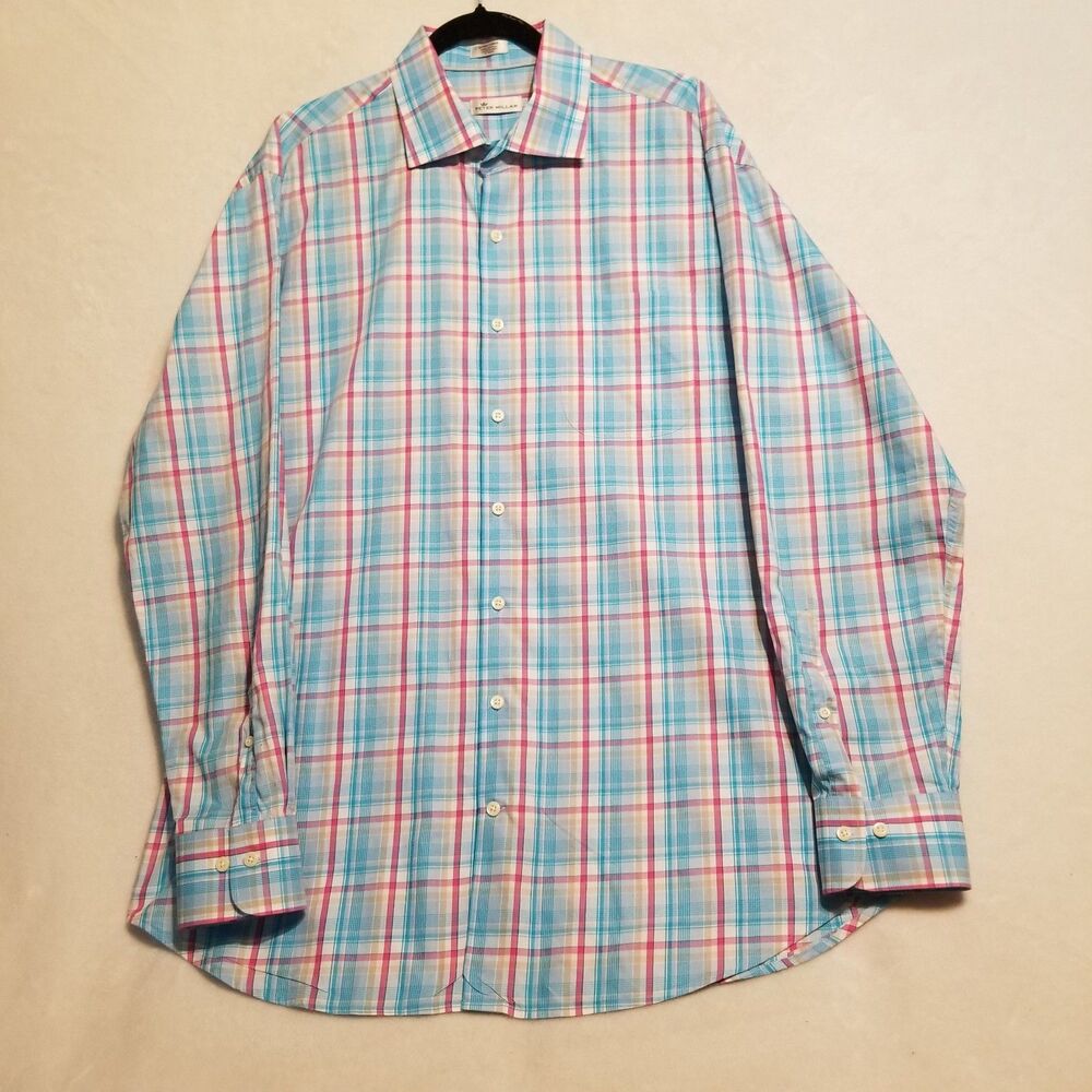 Peter Millar XL Shirt Pastel Plaid Cotton Button Front Preppy Frat Spring